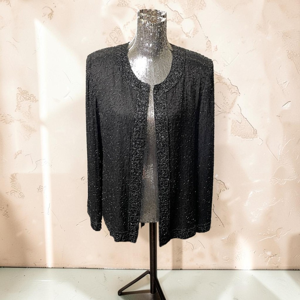Vintage Lawrence Kazar Black Beaded Silk Evening Jacket Blazer XL Formal Chic